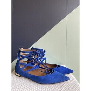 Aquazzura Cobalt Blue Suede Belgravia Pointed Toe Lace-Up Flats, Size 37, EUC